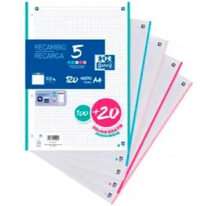 Oxford Recambio Classic A4 Sueltas 90g 5x5mm 4 Taladros 5 Bandas Colores Pastel