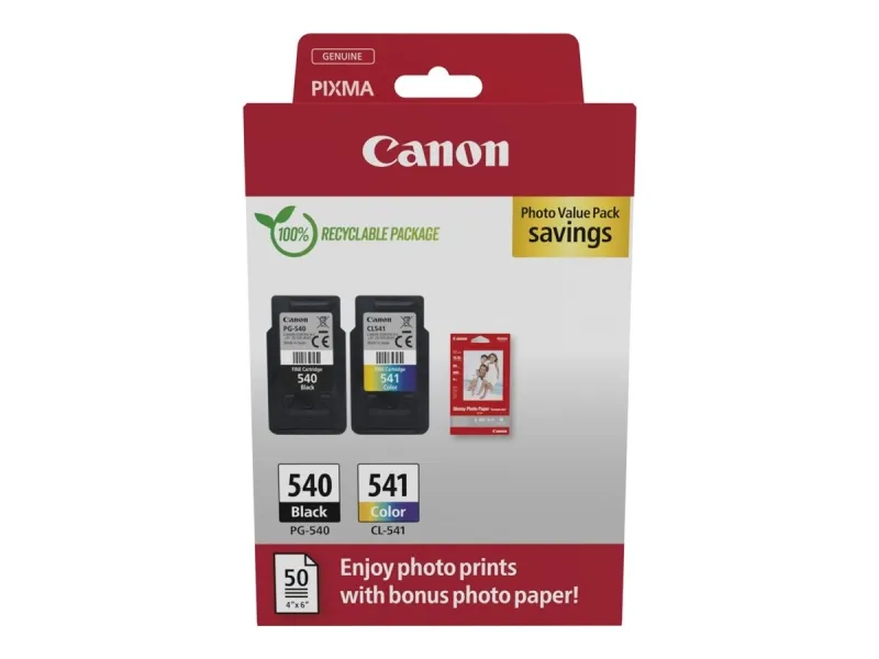 Canon Pg540 Negro + Cl541 Color Pack De 2 Cartuchos De Tinta Originales + 50 Hojas De Papel Fotografico - 5225B013