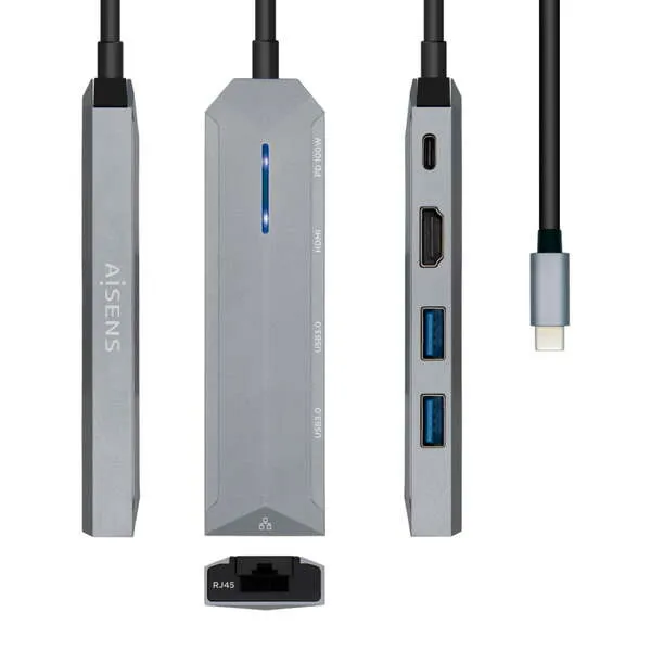 Aisens USB-C Dock 5 en 1 con HDMI, RJ45, 2xUSB y Power Delivery - 15cm - Gris