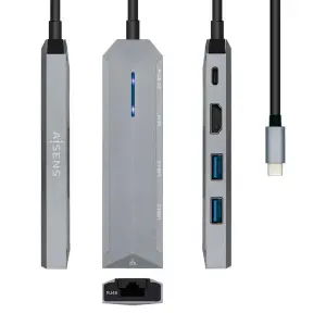 Aisens USB-C Dock 5 en 1 con HDMI, RJ45, 2xUSB y Power Delivery - 15cm - Gris