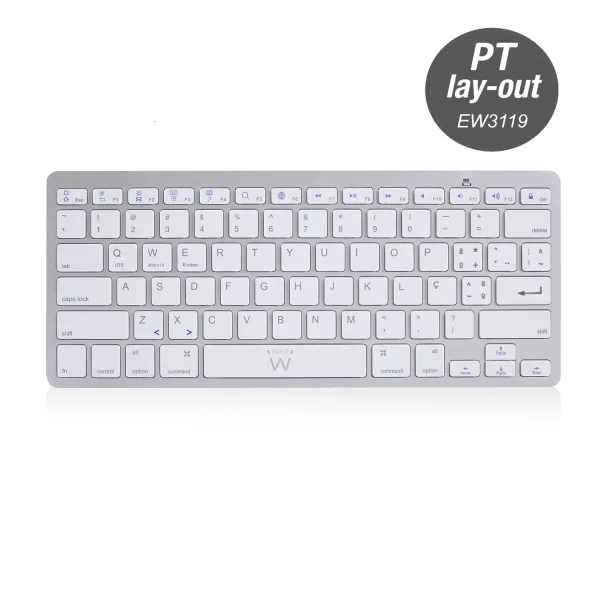 Ewent Teclado De Viaje - Modo Ahorro De Energia - Bluetooth 3.0 - Disposicion Portuguesa Qwerty Pt - Alcance Hasta 10M - Color Plata/Blanco