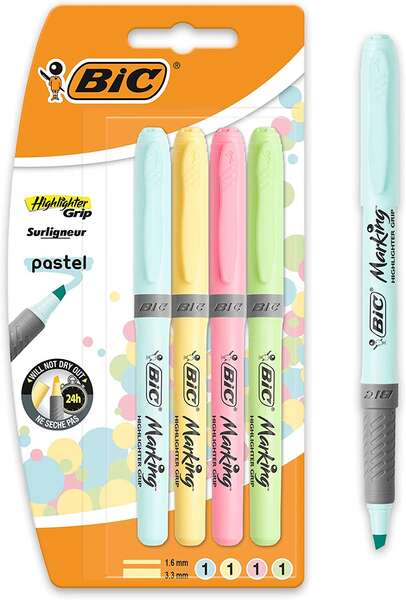 Bic Highlighter Grip Pack De 4 Marcadores Fluorescentes Pastel - Tinta Con Base De Agua - Punta Biselada - Trazo Entre 1.60 Y 3.30Mm - Colores Surtidos