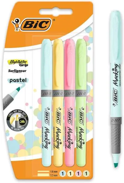 Bic Highlighter Grip Pack De 4 Marcadores Fluorescentes Pastel - Tinta Con Base De Agua - Punta Biselada - Trazo Entre 1.60 Y 3.30Mm - Colores Surtidos