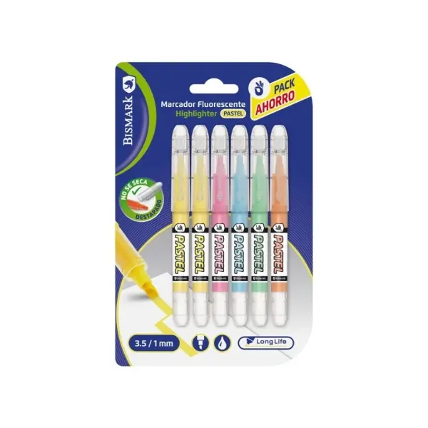 Bismark Pack de 6 Marcadores Fluorescentes Pastel - Tinta Líquida - Punta Biselada