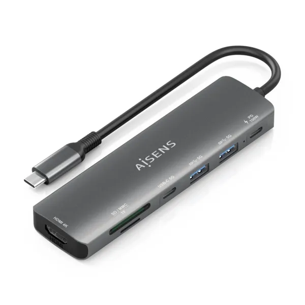 Aisens Usb-C Dock 7 En 1 - Usb-C A 1Xhdmi - 2Xusb-A - 1Xusb-C - 1Xusb-C 100W - 1Xsd - 1Xmicrosd - 15Cm - Color Gris