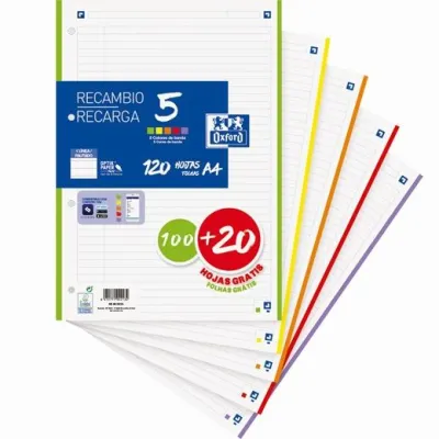 Oxford Recambio A4 Sueltas 90g 100H + 20H Gratis 1 Línea 4 Taladros 5 Bandas Colores Vivos