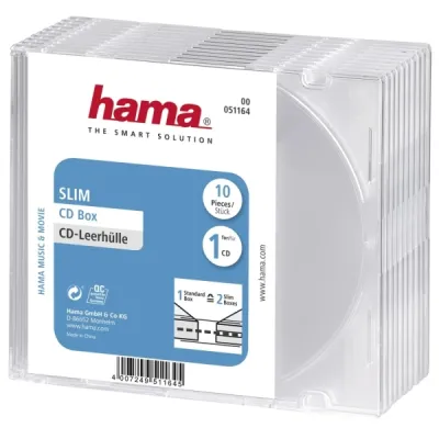 Hama Slim Pack de 10 Cajas Vacías para CD/DVD - Poliestireno - 12.5x14.2x0.52cm - Transparente