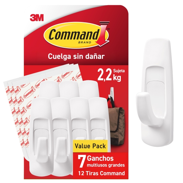 Command Pack De 7 Ganchos Grandes - 12 Tiras Adhesivas - Soporta Hasta 2.2Kg - Color Blanco
