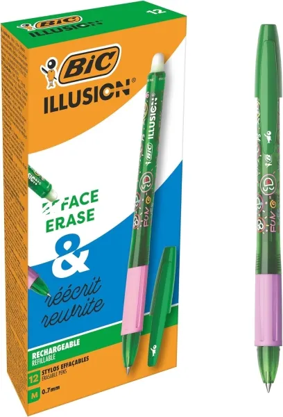 Bic Illusions Boligrafo Borrable - Punta Media De 0.7Mm - Grip De Goma - Recargable - Color Verde