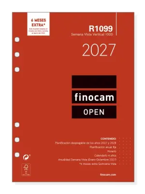 Finocam R1099 Recambio Agenda Open Anual 2027 Semana Vista Vertical 155x215mm 6 Taladros Papel 80g/m2 Color Blanco