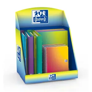Oxford Expositor con 14 Productos: 5 Cuadernos Espiral A4+, 5 Cuadernos Espiral A5+, 4 Carpetas Anillas A4+