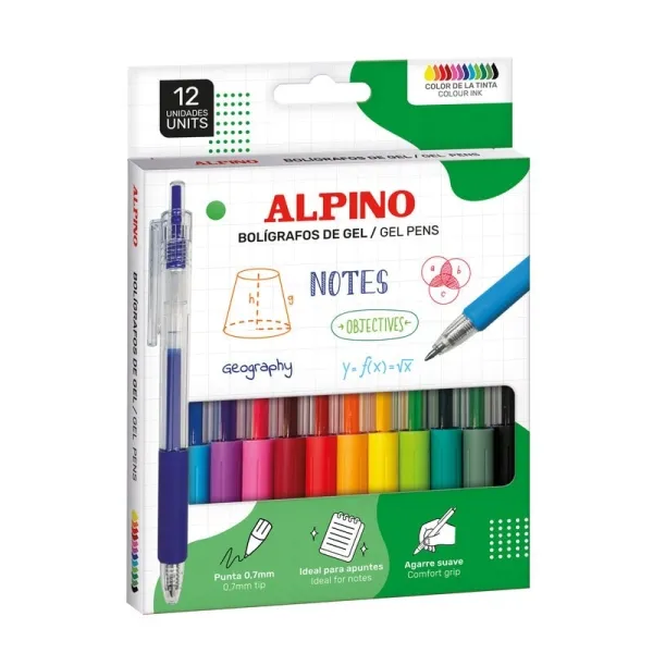 Alpino Gel Pack con 12 Bolígrafos Retráctiles de Tinta Gel 0.7mm Colores Surtidos