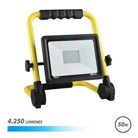 Elbat Foco Led Con Soporte Plegable 50W - 4250 Lumenes - 6500K Luz Fria - Cable De 1.50M - Ip65 Para Uso En Exterior