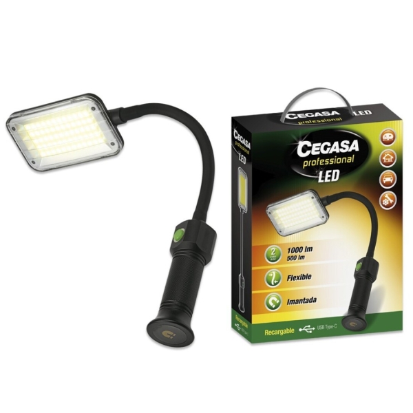 Cegasa Profesional Linterna Flexible Led Hasta 1000Lm - Autonomia Hasta 4H - Bateria Recargable 2000Mah Usb-C - Color Negro