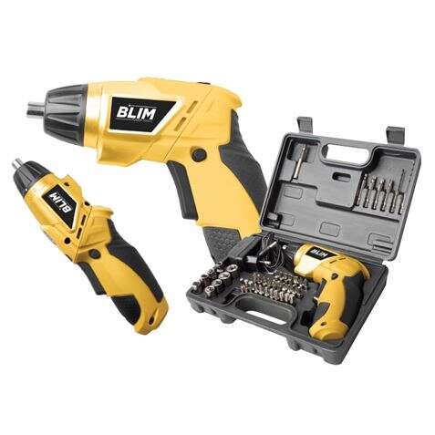 Blim Atornillador Doble Posicion Bateria 4V - Velocidad 210 Rpm - Conector Hexagonal De 1/4" (6.35 Mm) - Cambio De Sentido De Giro - Capacidad De Bateria 1300 Mah - Incluye 44 Accesorios Puntas Y Vasos - Cargador De Bateria - Color Negro