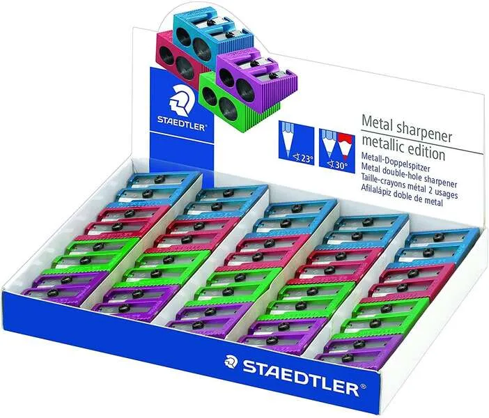 Staedtler Expositor De 20 Sacapuntas Metalicos Con Cuchilla De Metal Y 2 Orificios - Angulo De Afilado De 23° Y 30º - Colores Surtidos