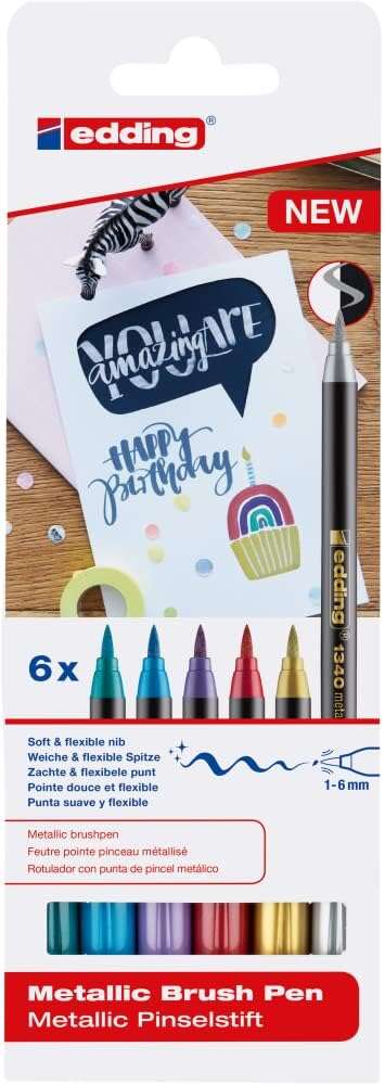 Edding 1340 Brush Pack De 6 Rotuladores - Punta Pincel Flexible - Trazo 1-3Mm - Tinta Con Base De Agua - Colores Oro, Rojo, Azul, Verde, Gris Y Morado
