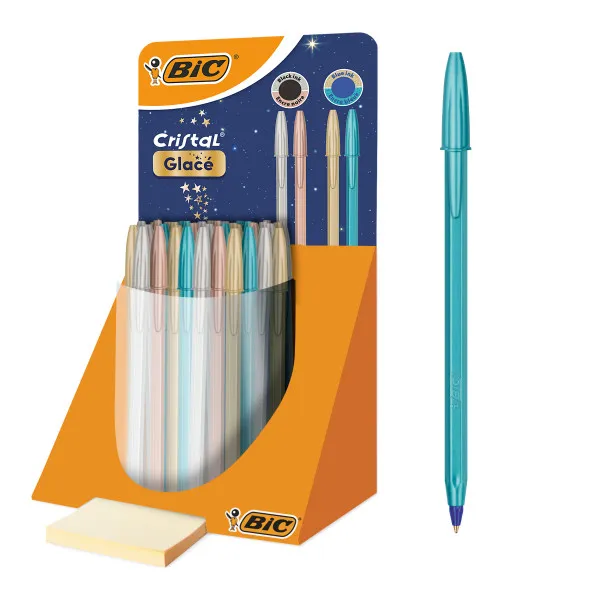 Bic Cristal Glace Expositor Con 40 Boligrafos De Bola - Cuerpo Opaco En Colores Metalizados Mate - Punta Redonda De 1Mm - Trazo 0.4Mm - Tinta Con Base De Aceite - Color De La Tinta Azul Y Negro