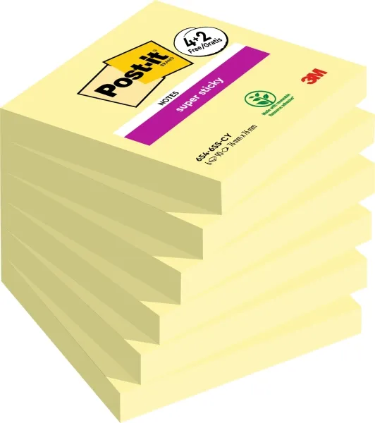 Post-it Super Sticky Pack de 6 Blocs de 90 Notas Adhesivas Reposicionables 76x76mm Amarillo Claro