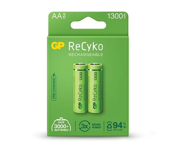 Gp Recyko Pack De 2 Pilas Recargables 1300Mah Aa 1.2V - Precargadas - Fabricadas Con Mas Del 10% De Materiales Reciclados