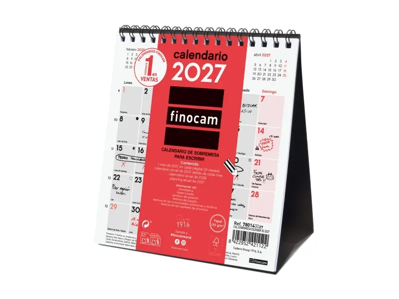 Finocam Calendario de Sobremesa Anual 2027 Mes Vista Formato XS 140x150mm Rojo y Blanco