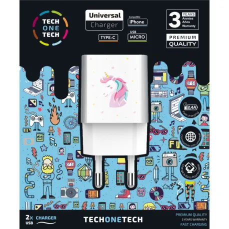 TechOneTech Unicornio Dream Cargador Doble de Pared USB-A - Alto Rendimiento