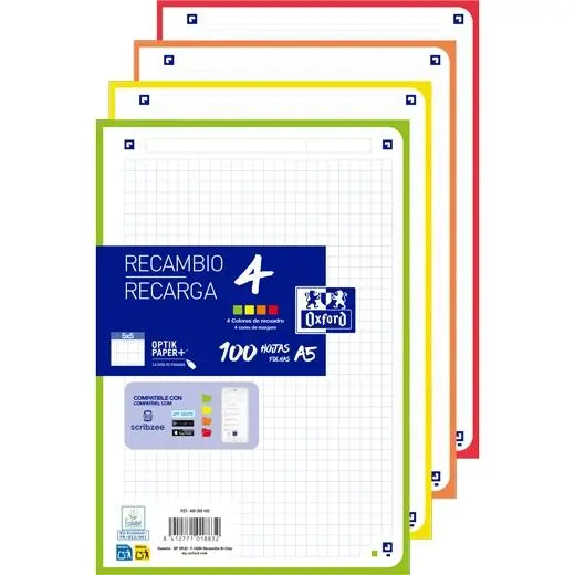 Oxford Recambios A5 100 Hojas Cuadricula 5x5mm 4 Taladros Bandas Surtidas