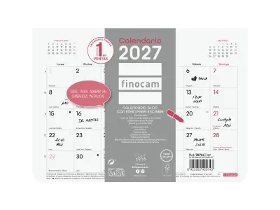 Finocam Calendario Anual 2027 con Imán - Mes Vista - Formato S - 210x150mm - Papel 120g/m2 - Blanco