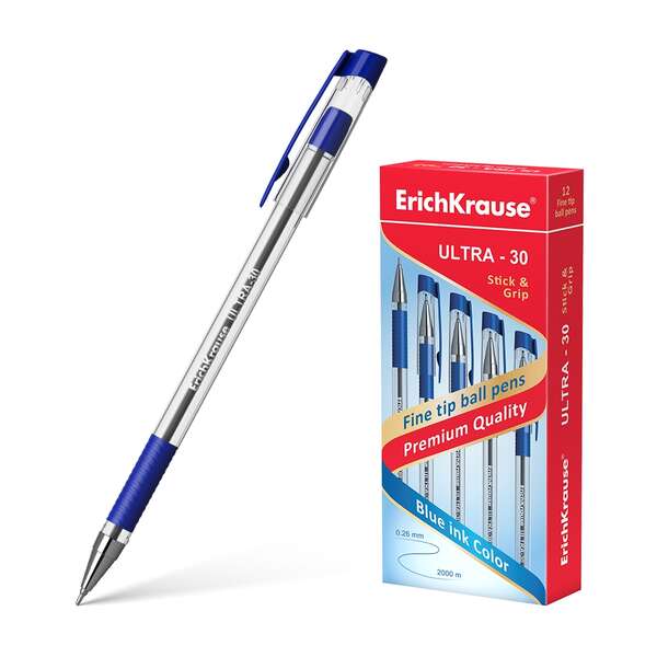 Erichkrause Boligrafo Ultra-30 - Recargable Con Punta Fina Fine Tip - Cuerpo Transparente Con Agarre De Goma - Tinta De Secado Rapido - Color Azul