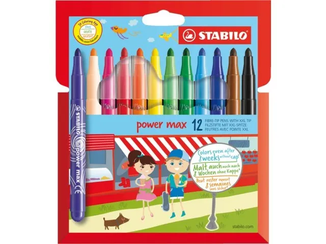 Stabilo Power Max Pack de 12 Rotuladores Punta Gruesa Tinta Lavable Colores Surtidos