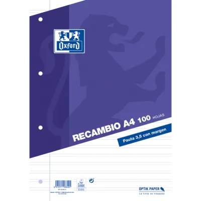 Oxford Recambio 100 Hojas Pauta 3.5mm con Margen - 4 Taladros