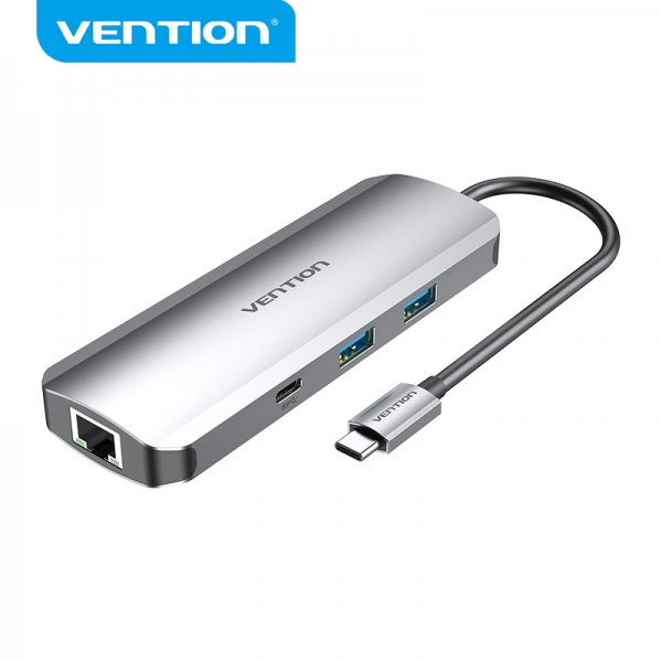 Vention Docking Station 9 En 1 Usb-C A Hdmi 4K/2Xusb3.0/Usb-C Gen1/Rj45/Lector Tf/Sd/Jack Audio/Pd100W - 0.15M - Color Gris