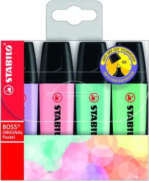 Stabilo Boss 70 Pastel Pack de 4 Rotuladores Fluorescentes - Trazo 2-5mm - Recargables