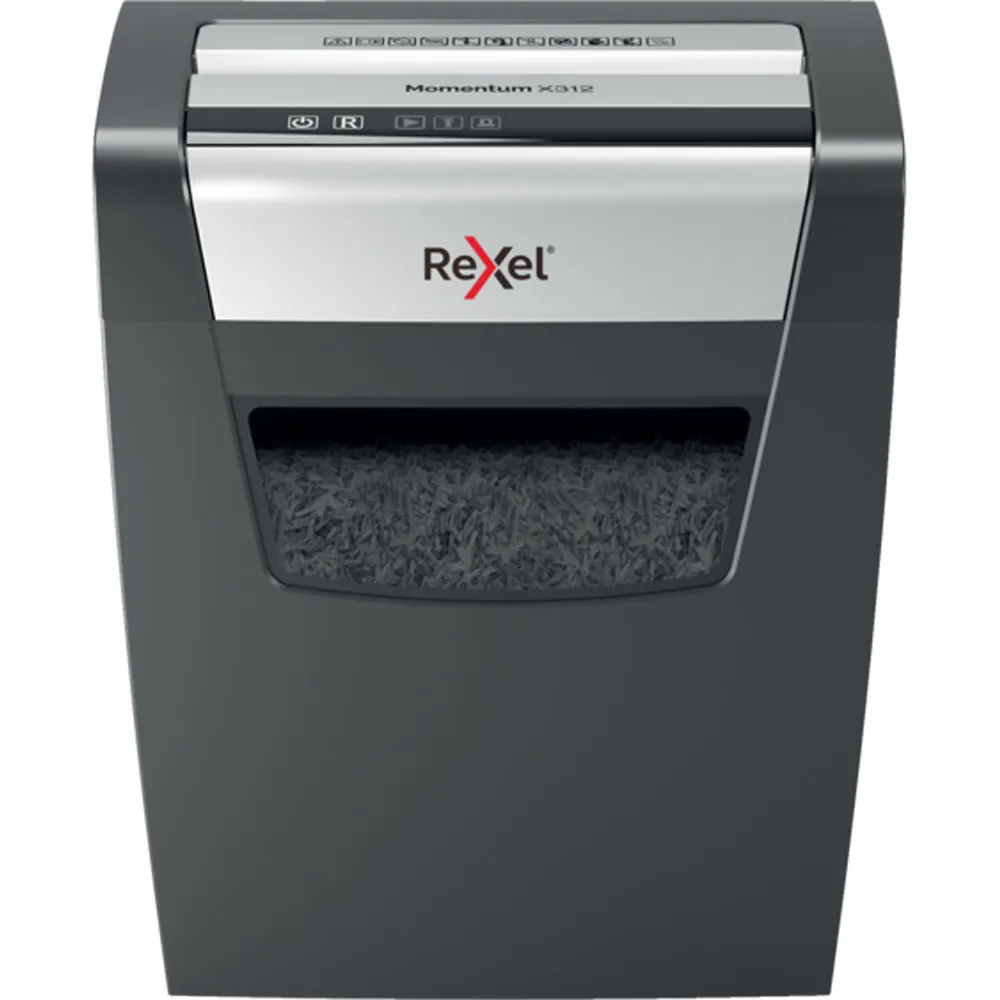 Rexel Momentum x312 Destructora de Papel Manual Corte Confeti P-3 - Destruye hasta 12 Hojas - Funcionamiento Ininterrumpido 6min - Papelera de 23L - Color Gris/Plata