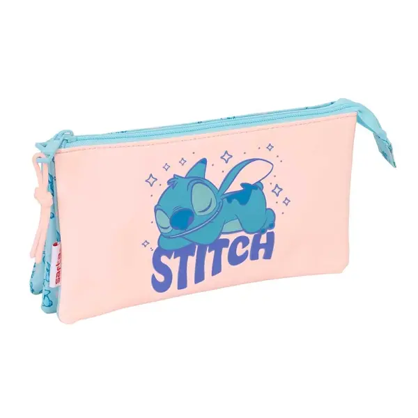 Safta Stitch Ohana Portatodo - 3 Compartimentos Con Cremalleras - Bolsillo Interior - 0.6L - 220X30X120Mm - Color Azul Claro