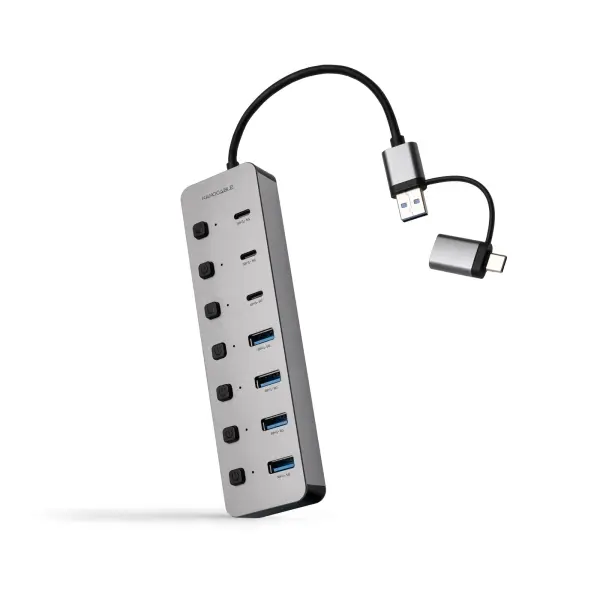 Nanocable Hub USB-A/USB-C 4x USB-A + 3x USB-C 3.0 con Interruptores ON/OFF 18cm Plata