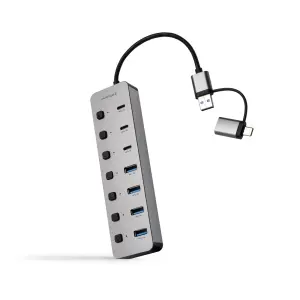 Nanocable Hub USB-A/USB-C 4x USB-A + 3x USB-C 3.0 con Interruptores ON/OFF 18cm Plata