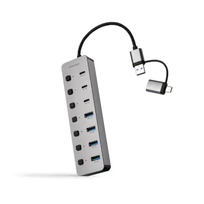 Nanocable Hub USB-A/USB-C 4x USB-A + 3x USB-C 3.0 con Interruptores ON/OFF 18cm Plata
