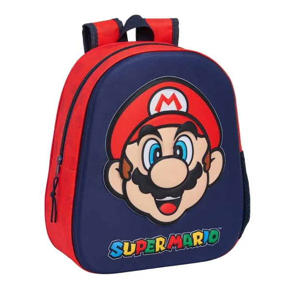 Safta Mochila 3D Super Mario con Asa de Mano y Portabotellas Lateral 27x33x10cm Rojo y Azul