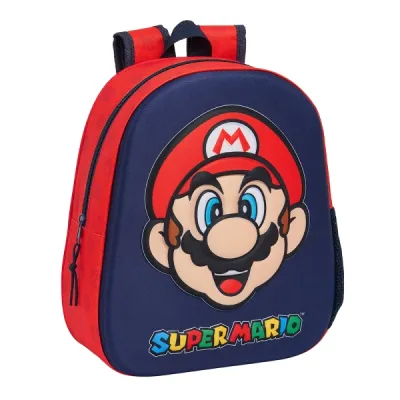 Safta Mochila 3D Super Mario con Asa de Mano y Portabotellas Lateral 27x33x10cm Rojo y Azul