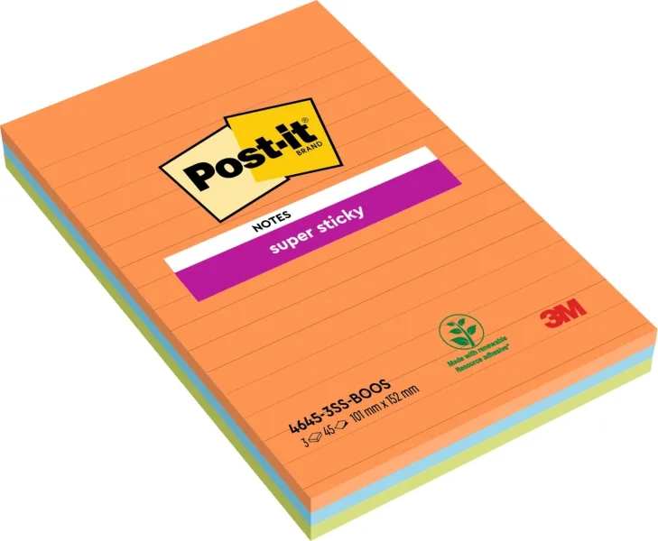 Post-it Super Sticky Pack de 3 Blocs de 45 Notas Adhesivas Reposicionables 101x152mm Colores Surtidos