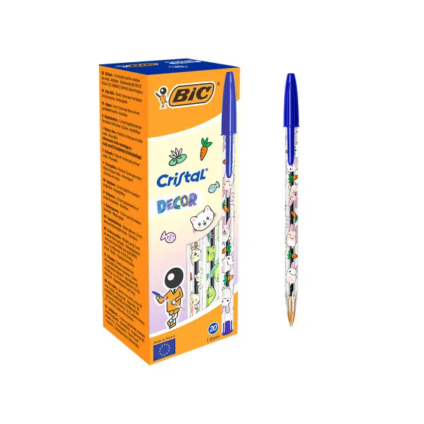 Bic Cristal Decor Kawaii Bolígrafo de Bola Transparente Punta 1mm Tinta Azul