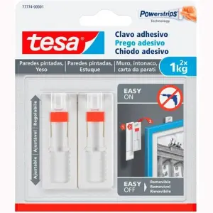 Tesa Pack de 2 Clavos Adhesivos Ajustables Hasta 1kg para Pared Lisa