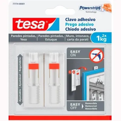 Tesa Pack de 2 Clavos Adhesivos Ajustables Hasta 1kg para Pared Lisa