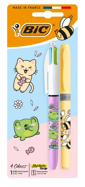 Bic 4 Colours Decors Kawaii Pack Con 1 Boligrafo De Bola Retractil Pastel + 1 Marcador Highlighter Grip Pastel De Color Aleatorio - Punta Media De 1.0Mm - Tinta Con Base De Aceite - Cuerpo Decorado Con Dibujos Kawaii - Colores Surtidos