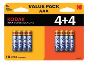 KODAK Max Pilas Alcalinas AAA LR3 1150 mAh 1.5V Pack de 8 Unidades