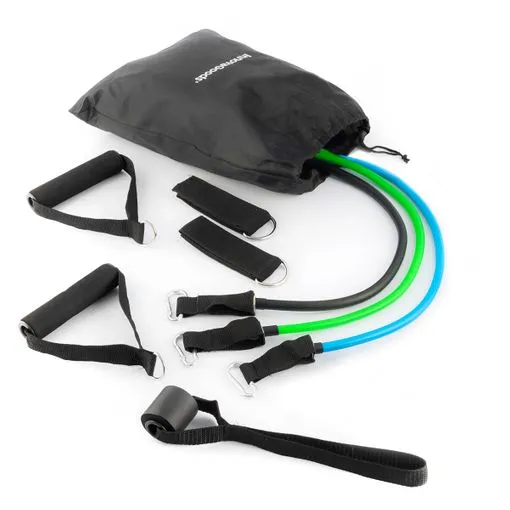 Innovagoods Tribainer Set De 3 Bandas De Resistencia Con Accesorios - Resistencia Ajustable - Guia De Ejercicios - Portatil - Mangos De Espuma - Mosquetones Metalicos - Colores Segun Nivel -