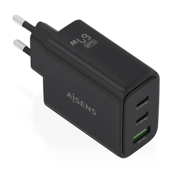 Aisens Cargador GAN 67W - 2x USB-C PD3.0 QC4.0 - 1x USB-A QC3.0 - Negro