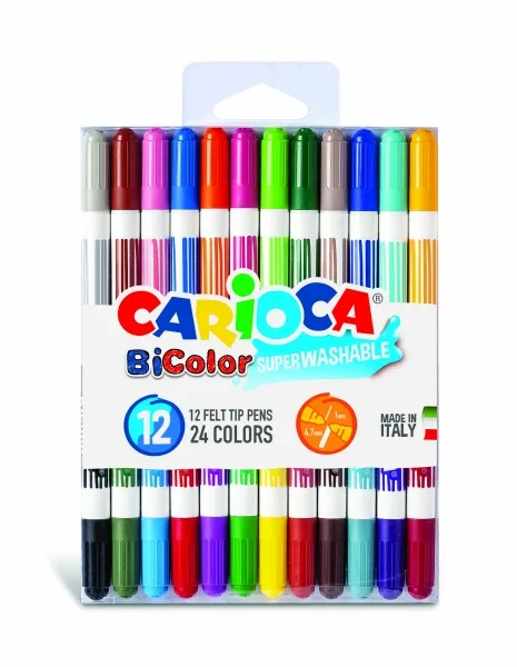 Carioca Bicolor Pack De 12 Rotuladores - Dos Colores Por Rotulador - Tinta Superlavable - Punta Conica Para Doble Trato De Escritura - Color Varios