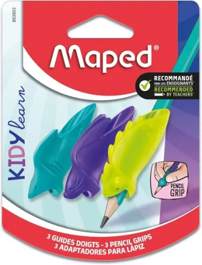 Maped Kidy Lern Pack de 3 Guías de Lápiz para Dedos - Modelos Tiburón, Camaleón y Conejo - 3 a 7 Años
